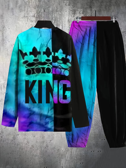 KING Crown Print, Men's Color Block 2pcs, Casual Loose Comfy Sweatshirt And Drawstring Waist Sweatpants Set