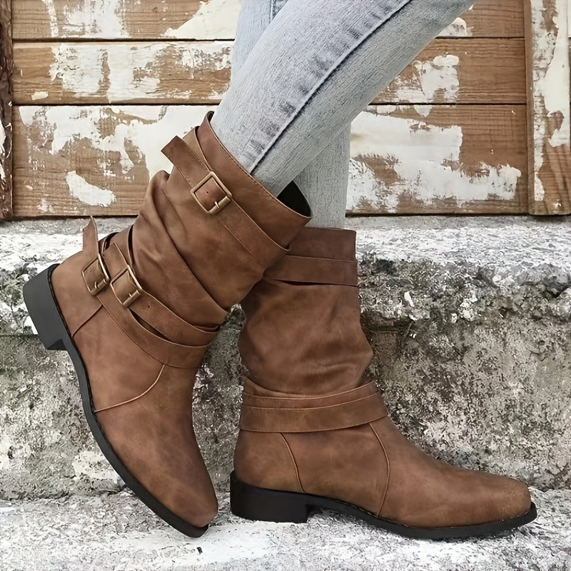 Women's Chunky Heel Mid Calf Boots, Fashion Buckle Strap Dress Boots, Women's Comfortable Boots