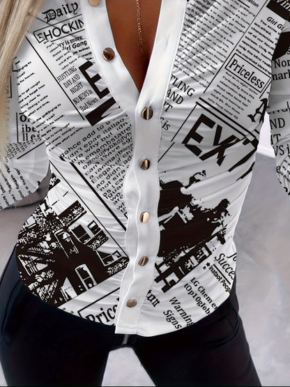 Newspaper Print Ruched Tee, Casual Button Front Long Sleeve T-shirt, Women's Clothing