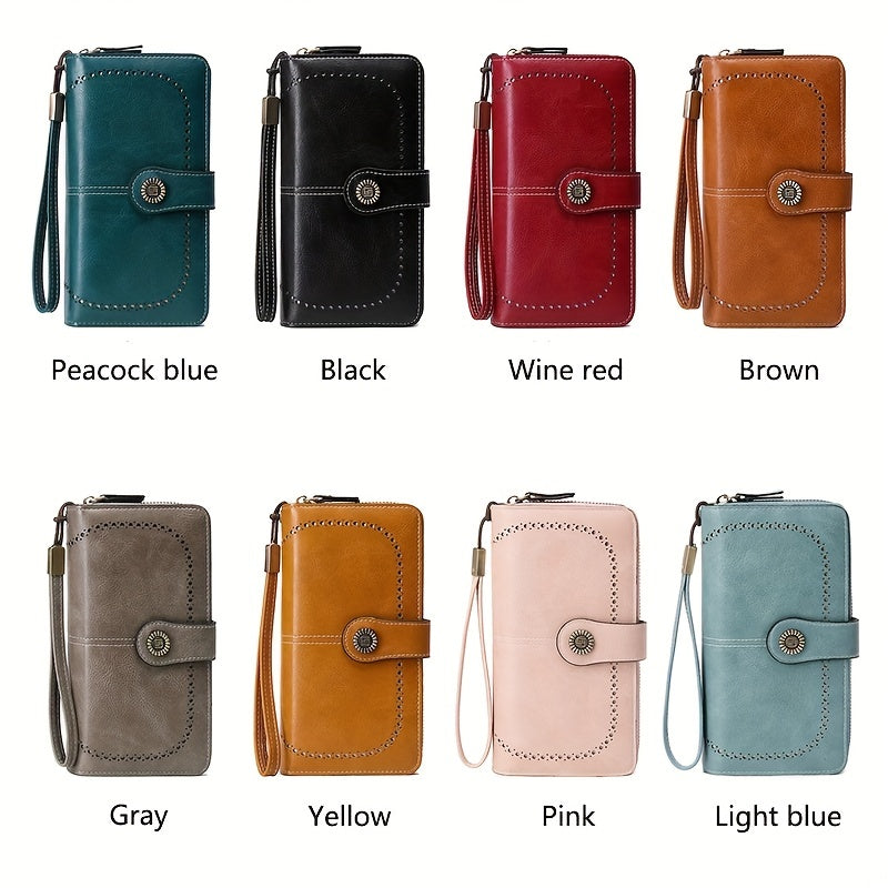 RFID Retro Large Capacity Long Wallet Multi-Functional Zipper Wallet with Wrist Strap