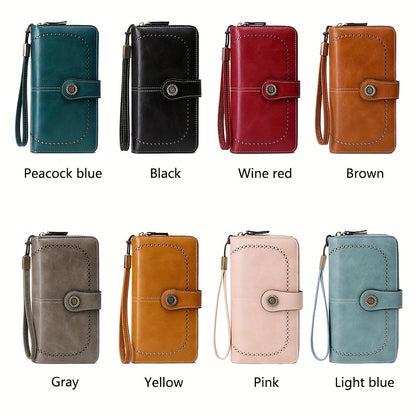 RFID Retro Large Capacity Long Wallet Multi-Functional Zipper Wallet with Wrist Strap