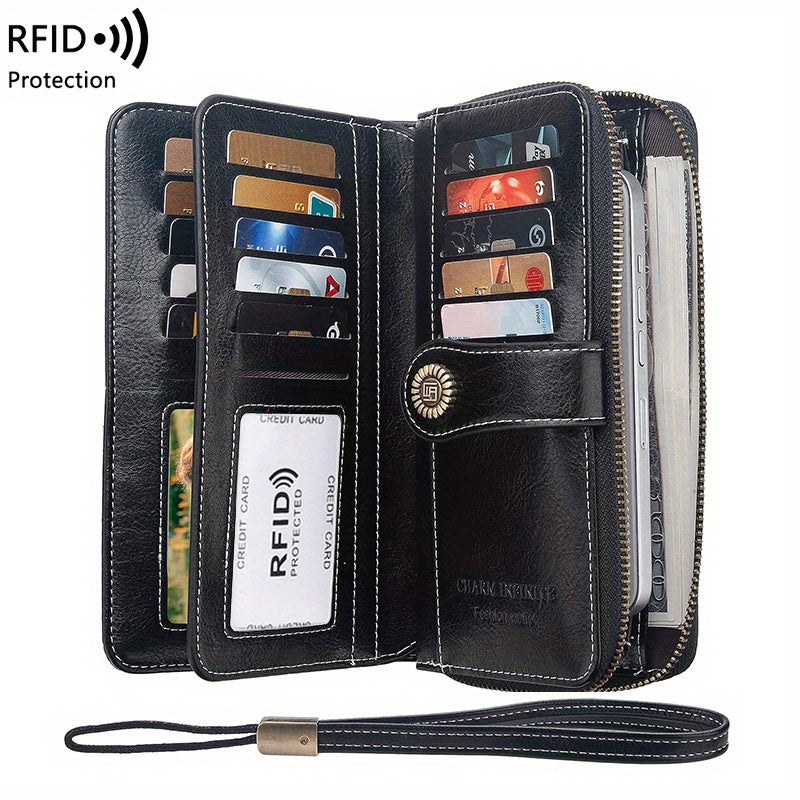 RFID Retro Large Capacity Long Wallet Multi-Functional Zipper Wallet with Wrist Strap