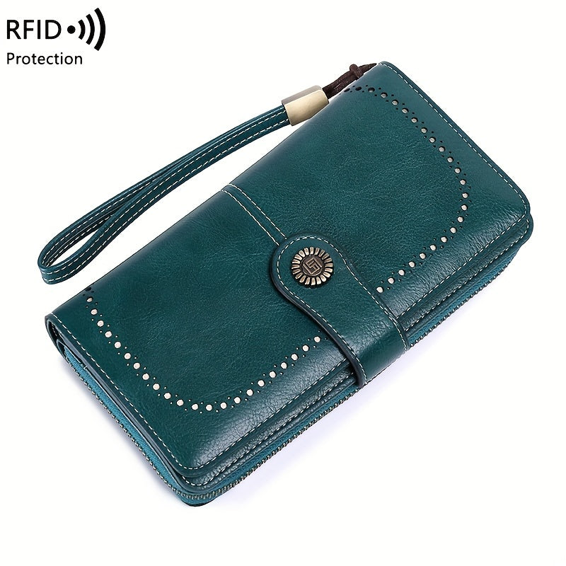 RFID Retro Large Capacity Long Wallet Multi-Functional Zipper Wallet with Wrist Strap