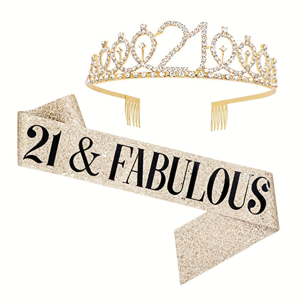 2pcs Birthday Party Accessories Set, 10/13/18/21/30/40/50/60/70/80 Years Old, Birthday Party Rhinestone Headband And Sasha