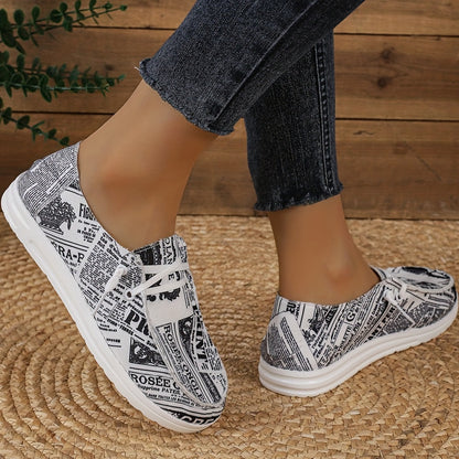 Women's Fashion Canvas Shoes, Newspaper Print Low Top Slip On Loafers, Casual Lightweight Walking Shoes