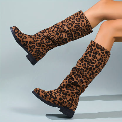 Women's Leopard Print Mid Calf Boots, Fashion Round Toe Pull On Shoes, Comfortable Chunky Low Heeled Boots