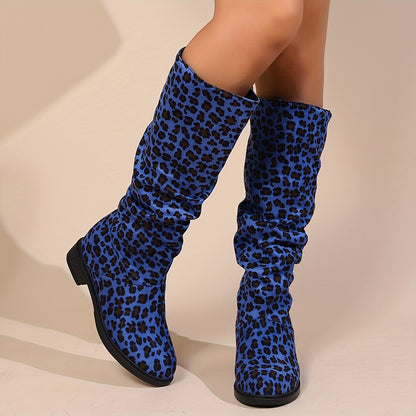 Women's Leopard Print Mid Calf Boots, Fashion Round Toe Pull On Shoes, Comfortable Chunky Low Heeled Boots