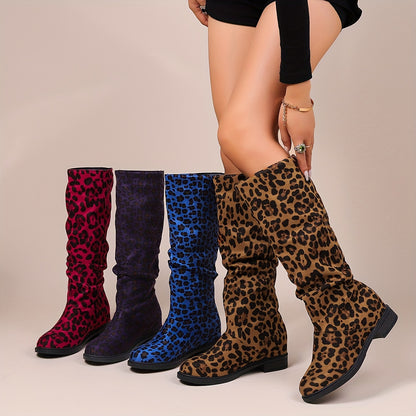 Women's Leopard Print Mid Calf Boots, Fashion Round Toe Pull On Shoes, Comfortable Chunky Low Heeled Boots