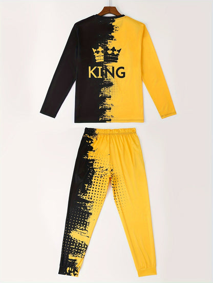 KING Pattern Men's 2Pcs Outfits, Casual Crew Neck Long Sleeve T-shirt And Drawstring Sweatpants Joggers Set, Men's Clothing