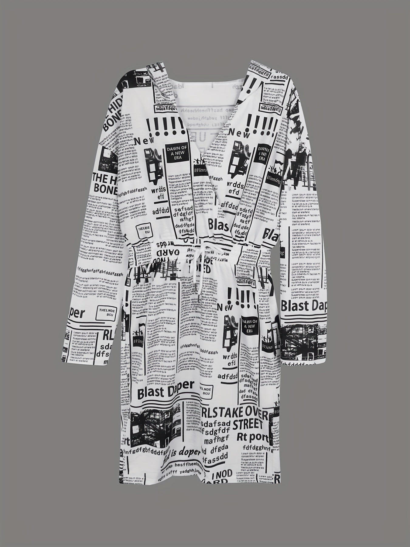 Newspaper Print Dress, Casual Hooded Long Sleeve Drawstring Dress, Women's Clothing