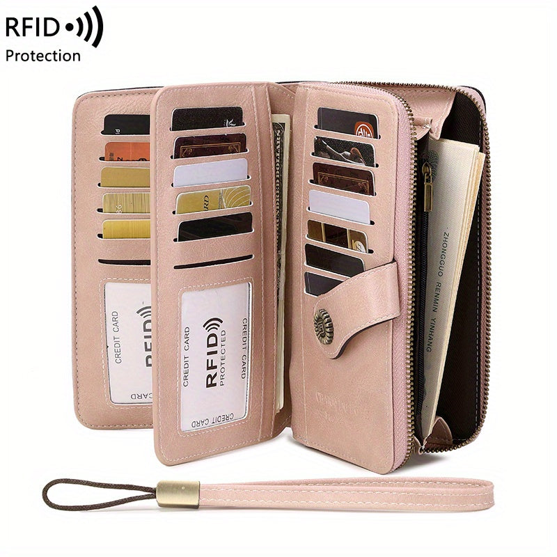 RFID Retro Large Capacity Long Wallet Multi-Functional Zipper Wallet with Wrist Strap