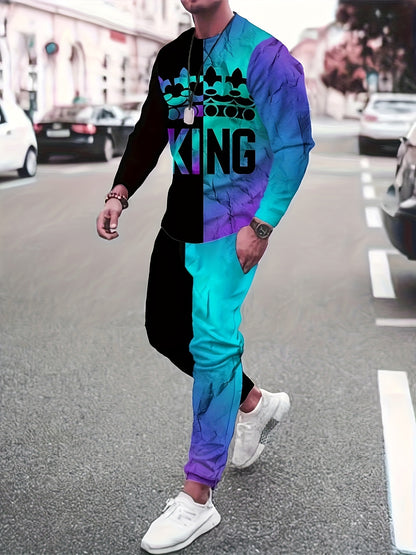 KING Crown Print, Men's Color Block 2pcs, Casual Loose Comfy Sweatshirt And Drawstring Waist Sweatpants Set