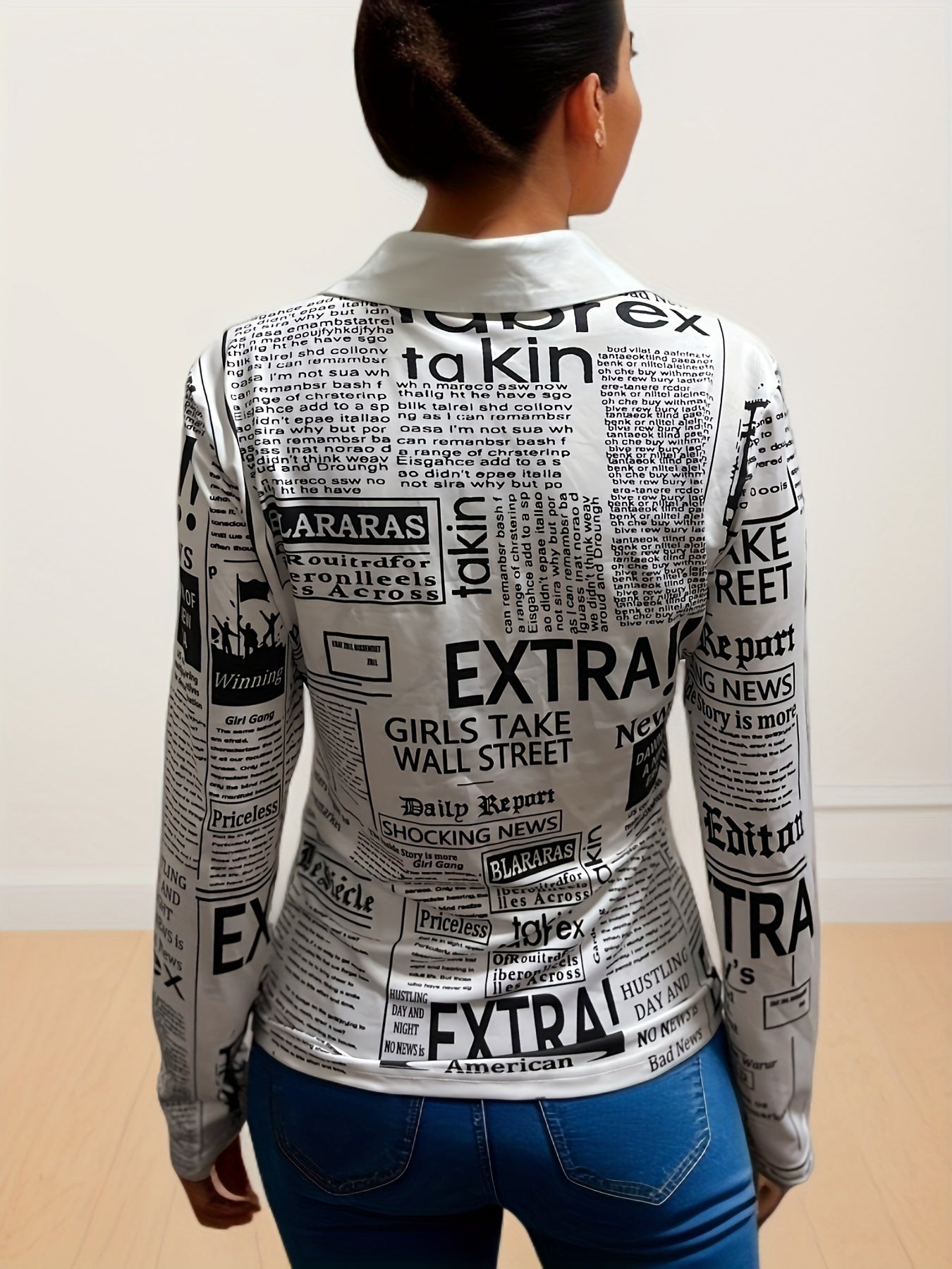 Newspaper Print Ruched Tee, Casual Button Front Long Sleeve T-shirt, Women's Clothing