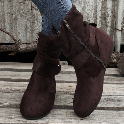 Women's Solid Color Ankle Boots, Round Toe Buckle Belt Side Zipper Boots, Comfortable Outdoor Shoes