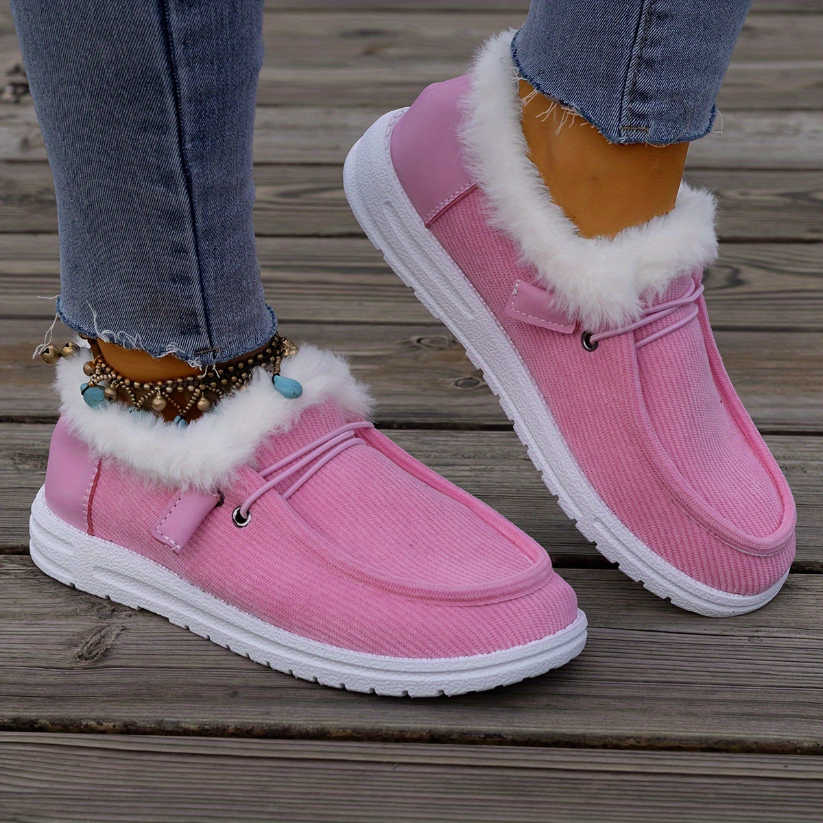 Women's Plush Lined Sneakers, Round Toe Slip On Low Top Flat Shoes, Winter Warm Outdoor Shoes