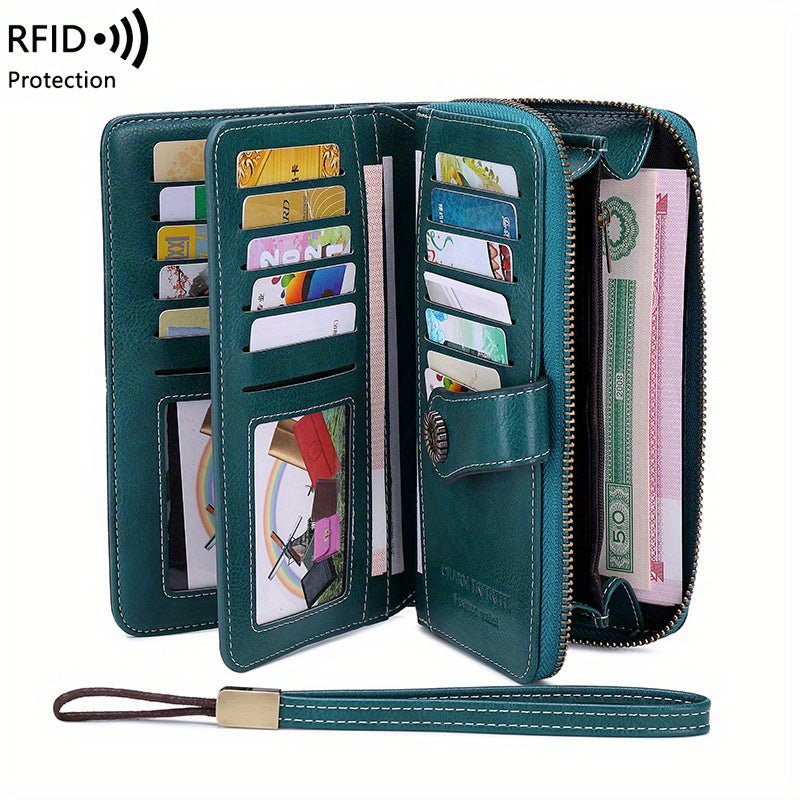 RFID Retro Large Capacity Long Wallet Multi-Functional Zipper Wallet with Wrist Strap