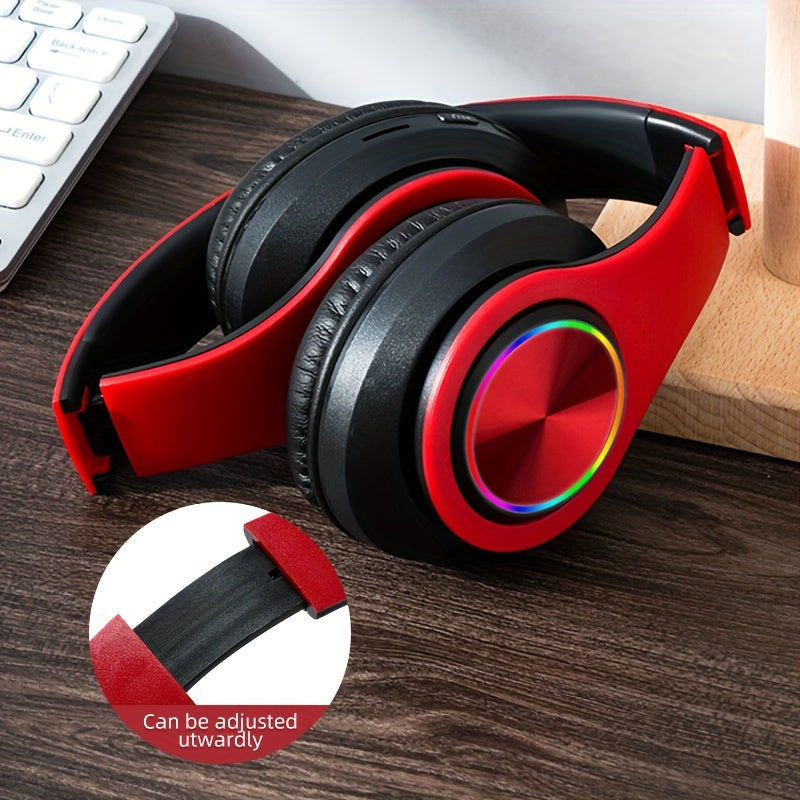 Light Emitting Wireless Headphones, Colorful LED Lights, Comfort Over Ear Foldable Headset with Built-in Microphone, FM, SD Card Slot, Wired for School/Tablet Computer/PC/TV/Cellphones/Travel