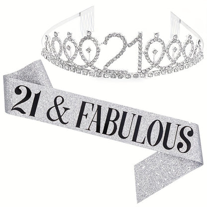 2pcs Birthday Party Accessories Set, 10/13/18/21/30/40/50/60/70/80 Years Old, Birthday Party Rhinestone Headband And Sasha