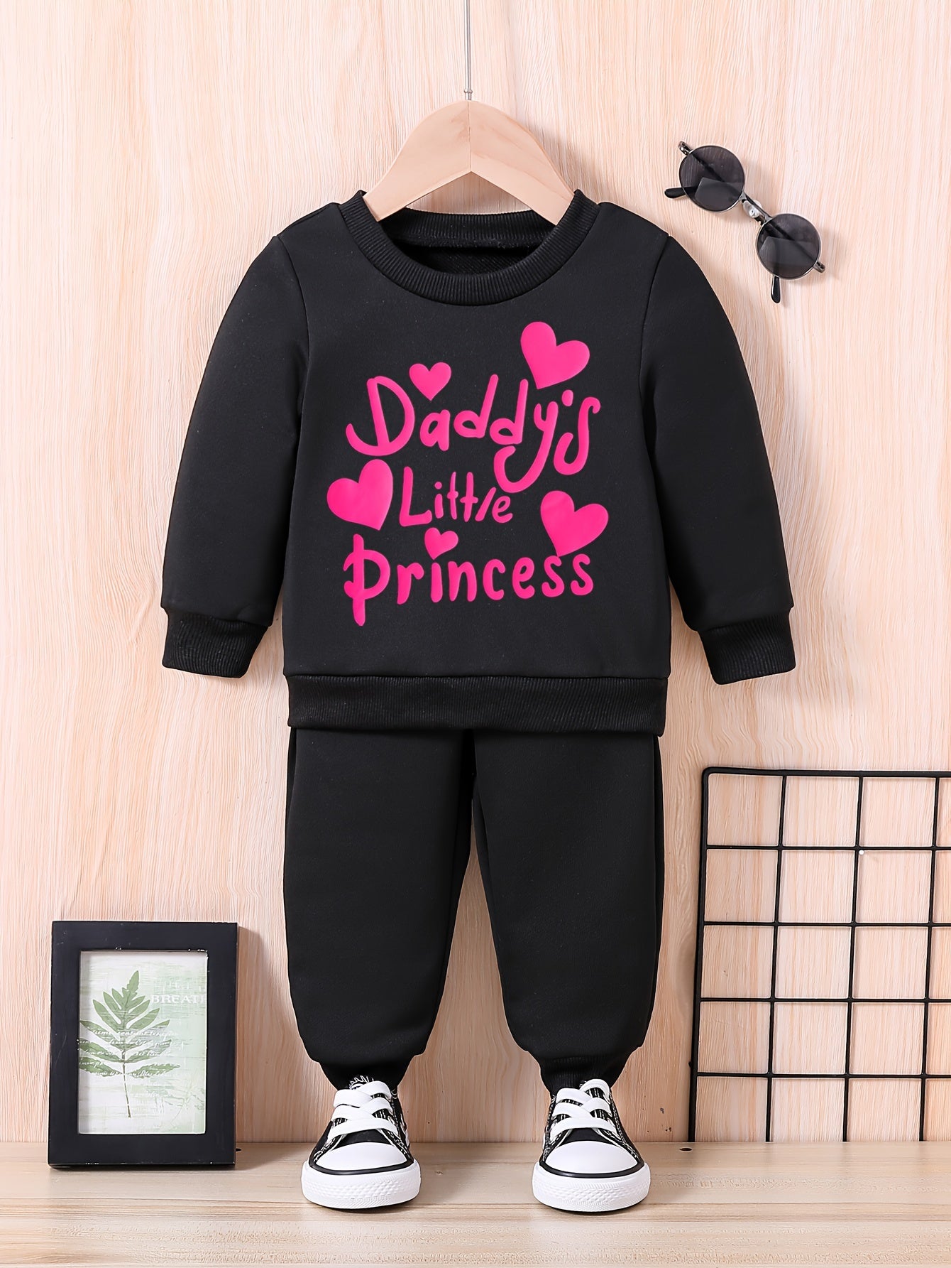 Baby Cute DADDY'S LITTLE PRINCESS, Letter Print Casual Outfit, Long Sleeve Sweatshirt Trousers Set