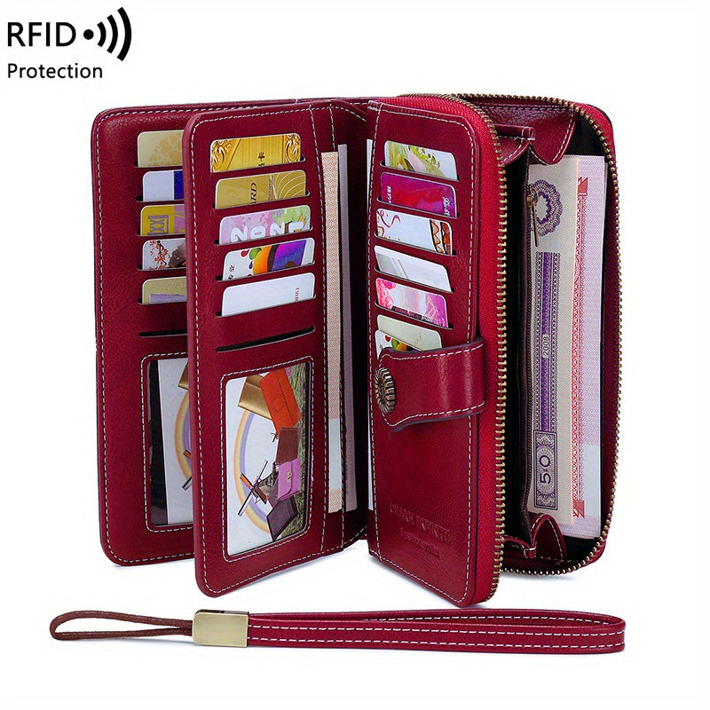 RFID Retro Large Capacity Long Wallet Multi-Functional Zipper Wallet with Wrist Strap