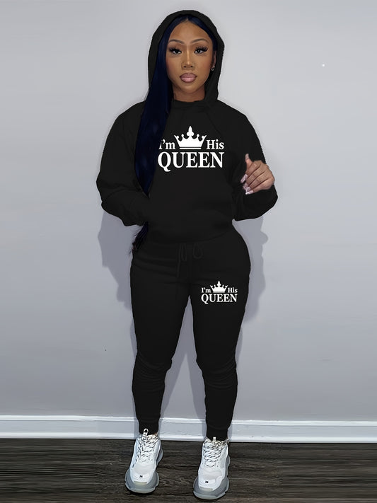 Crown & Letter Print Two-piece Set, Kangaroo Pocket Hoodie & Drawstring Pants Outfits, Women's Clothing