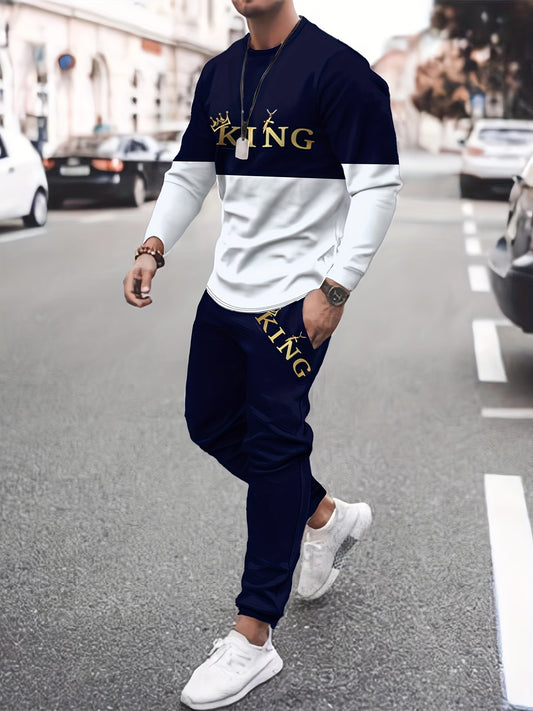 Crown And ''KING'' Pattern, Men's 2 Piece Outfits, Color Block Comfy Long Sleeve T-shirt And Casual Loose Sweatpants Set, Men's Clothing