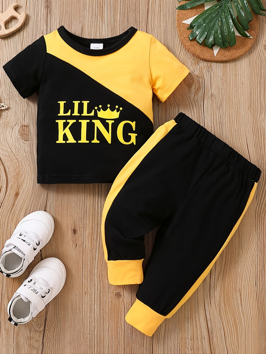 2pcs Baby Boys Casual "LIL KING" Color Block T-shirt & Pants Set Clothes