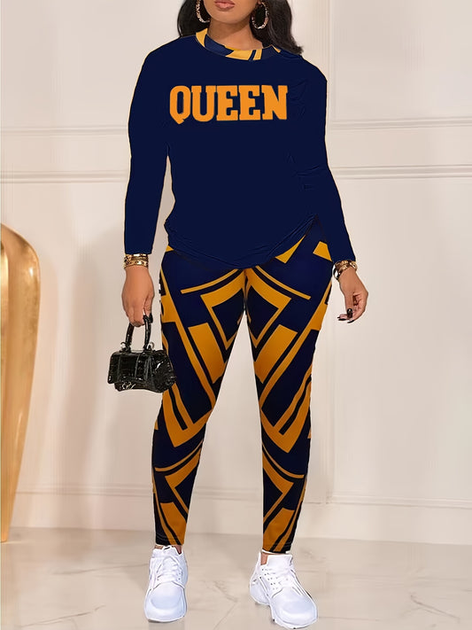 Casual Workout Two-piece Set, Queen Letter Print Long Sleeve Tops & Allover Print Pants Outfits, Women's Clothing