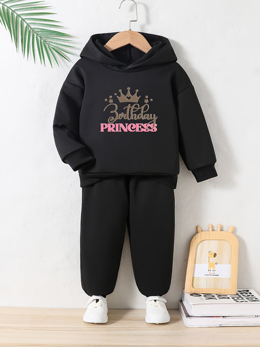 2pcs Cute BIRTHDAY PRINCESS Graphic Hoodie Trousers Set, Toddler Casual Outfit Clothes