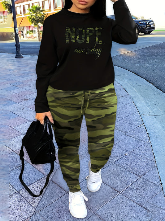 Plus Size Casual Outfits Set, Women's Plus Camo Letter Print, Long Sleeve Round Neck Top & Printed Jogger Pants, Outfits Two Piece Set