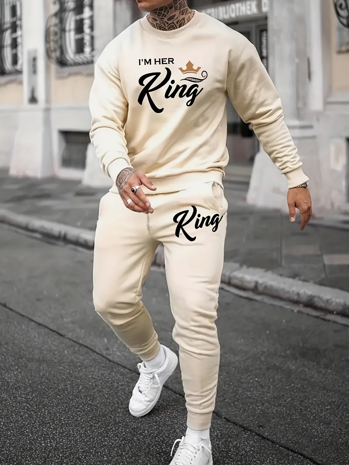 Her King Print, Men's 2Pcs Outfits, Casual Crew Neck Long Sleeve Sweatshirt And Sweatpants Joggers Set, Men's Clothing