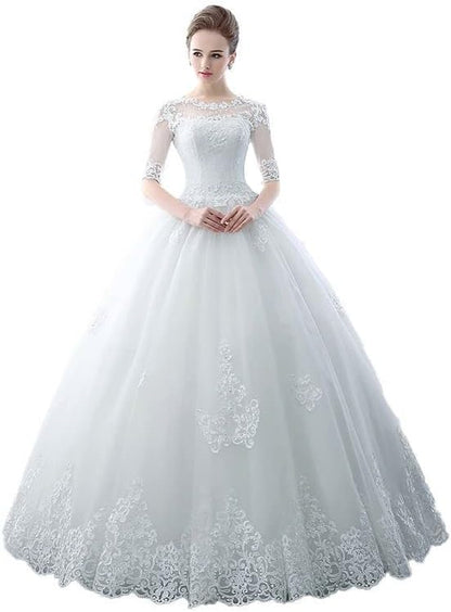 Gorgeous Women's Lace Wedding Dresses for Bride with Half Sleeves Bridal Gown