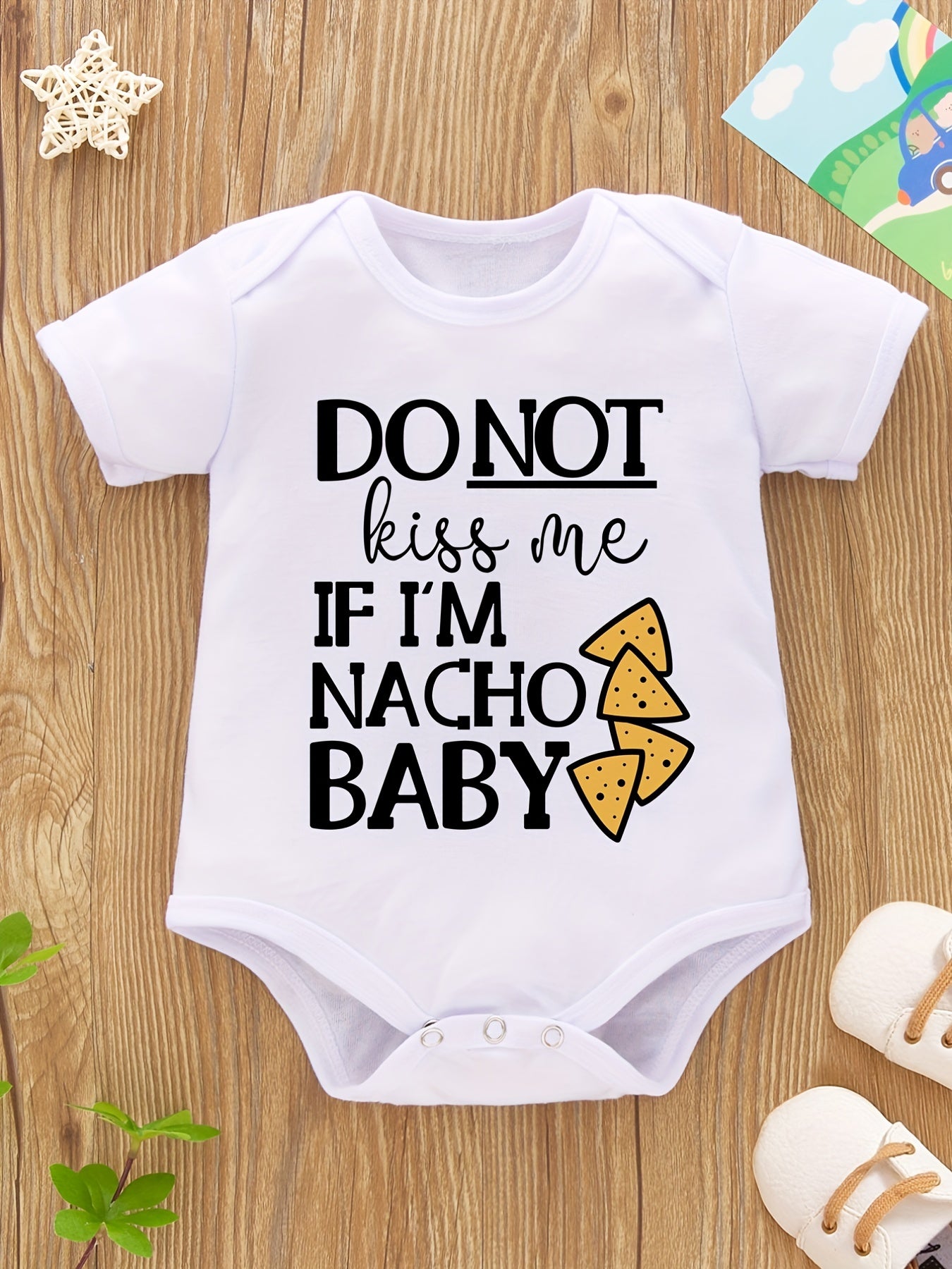 Baby Girls And Boys Casual Romper With Funny "Do Not Kiss Me If I'm Nacho Baby" Letter Graphics, Short Sleeve Onesie Clothes For Summer