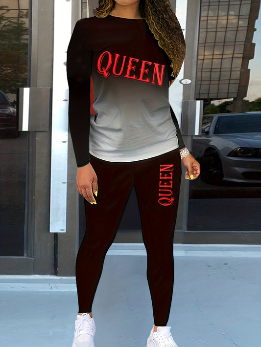 Queen Print Casual Two-piece Set, Crew Neck Short Sleeve Tee & Slim Pants Outfits, Women's Clothing