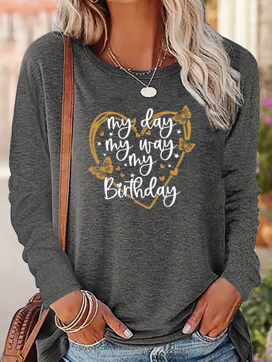 Heart & My Birthday Letter Print T-shirt, Long Sleeve Crew Neck, Casual Top, Women's Clothing