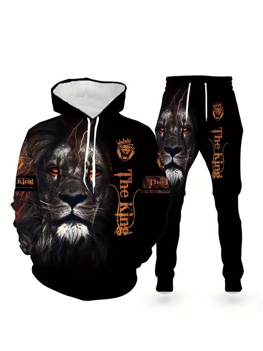 Men's Lion King Print Hooded Sweatshirt & Sweatpants Set, Sports Set, Men's Clothing