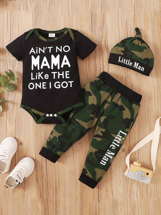 2pcs Baby Boy's Creative Slogan Print Outfit, Short Sleeve Bodysuit & Hat & Camouflage Pattern Pants Set, Baby's Clothing, As Gift