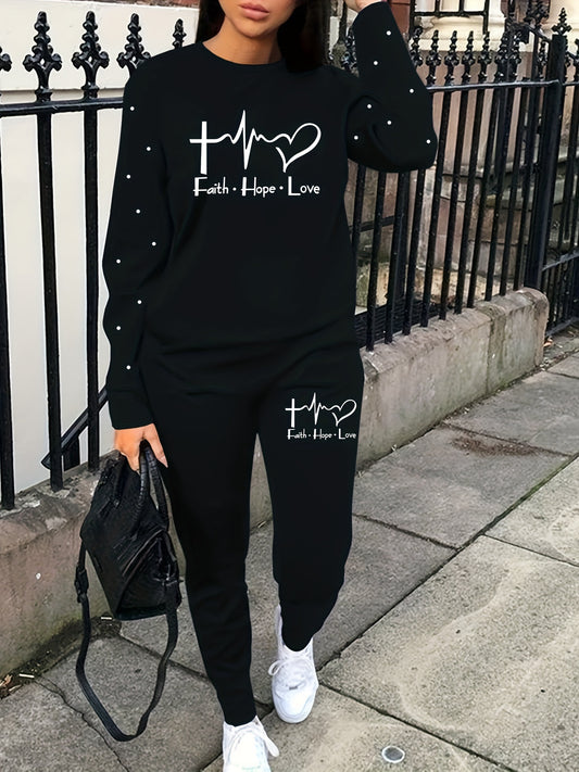 Graphic & Letter Print Two-piece Set, Casual Long Sleeve Sweatshirt & Sweatpants Outfits, Women's Clothing