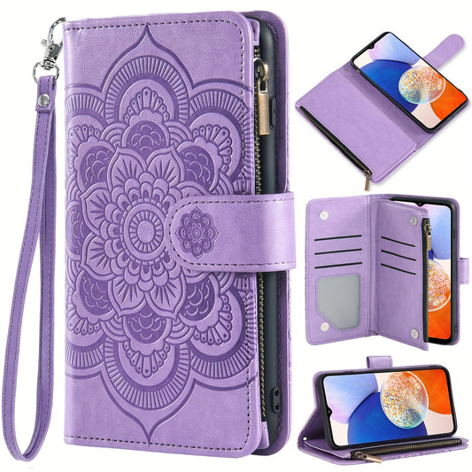 Zipper Wallet Phone Case For Samsung Galaxy, S23 S22 S21 S20 S10 S10E S9 S8 S7 S6 S5 S4 S3 FE Plus Ultra + Lite 5G 4G Active Edge S 23 22 21 20 10 9 8 7 10e S23+ S22+ S21+ S20+ S10+ S9+ S8+ EF G5, Flip Cover Card Holder Slot Cell Flower