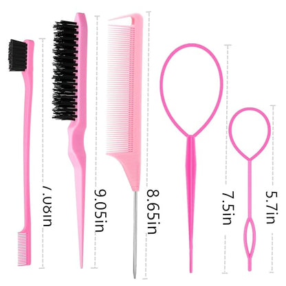 ZVOREL 8Pcs Hair Brushes Set with 4Pcs Topsy Hair Tail Tools 1Pcs Bristle Teasing Hair Brush 1Pcs Edge Control Brush 2Pcs Metal Pin Rat Tail Combs for Woman Girl Hair Styling,Edge&Back Brushing,Pink