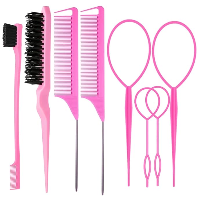 ZVOREL 8Pcs Hair Brushes Set with 4Pcs Topsy Hair Tail Tools 1Pcs Bristle Teasing Hair Brush 1Pcs Edge Control Brush 2Pcs Metal Pin Rat Tail Combs for Woman Girl Hair Styling,Edge&Back Brushing,Pink