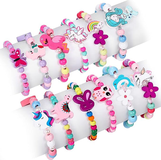 G.C 12 Pcs Girls Bracelets Jewelry for Kids Cute Unicorn Mermaid Animal Pendant Colorful Wooden Beaded Bracelets Princess Pretend Play Gifts for Toddlers