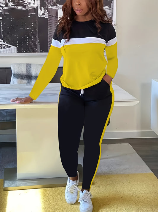 Plus Size Casual Outfits Two Piece Set, Women's Plus Colorblock Stripe Print, Long Sleeve Round Neck Top & Drawstring Pants, Outfits 2 Piece Set