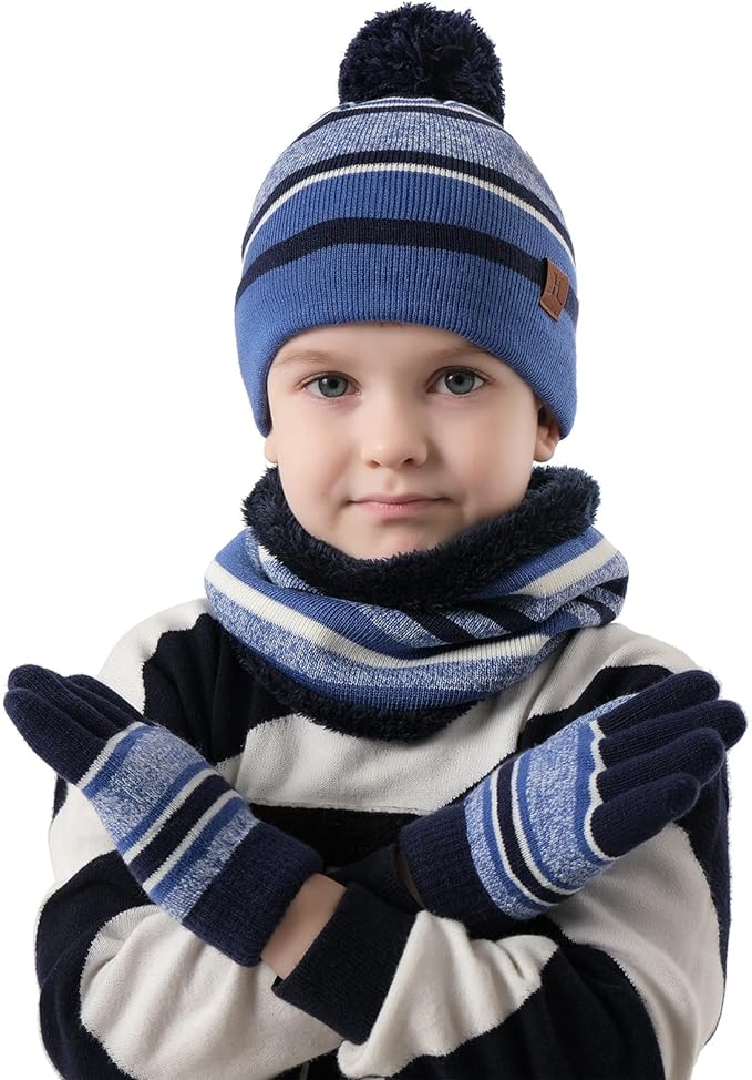 Kids Toddlers Winter Knit Warm Beanie Hat Scarf Gloves Set for Boys Girls Age 2-7, Pompom Cap Neck Warmer Gloves Fleece Lined