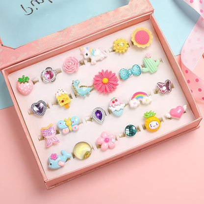 PinkSheep Little Girl Jewel Rings in Box, Adjustable, No Duplication, Girl Pretend Play and Dress Up Rings (24 Lovely Ring)