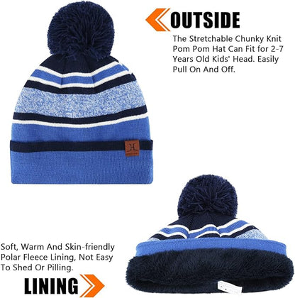 Kids Toddlers Winter Knit Warm Beanie Hat Scarf Gloves Set for Boys Girls Age 2-7, Pompom Cap Neck Warmer Gloves Fleece Lined