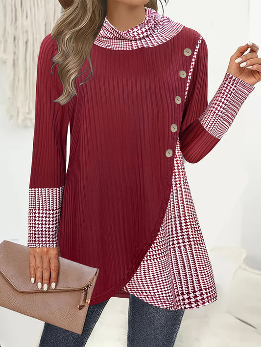 Plus Size Elegant Sweater, Women's Plus Colorblock Houndstooth Print Button Decor Long Sleeve Turtleneck Asymmetric Hem Jumper