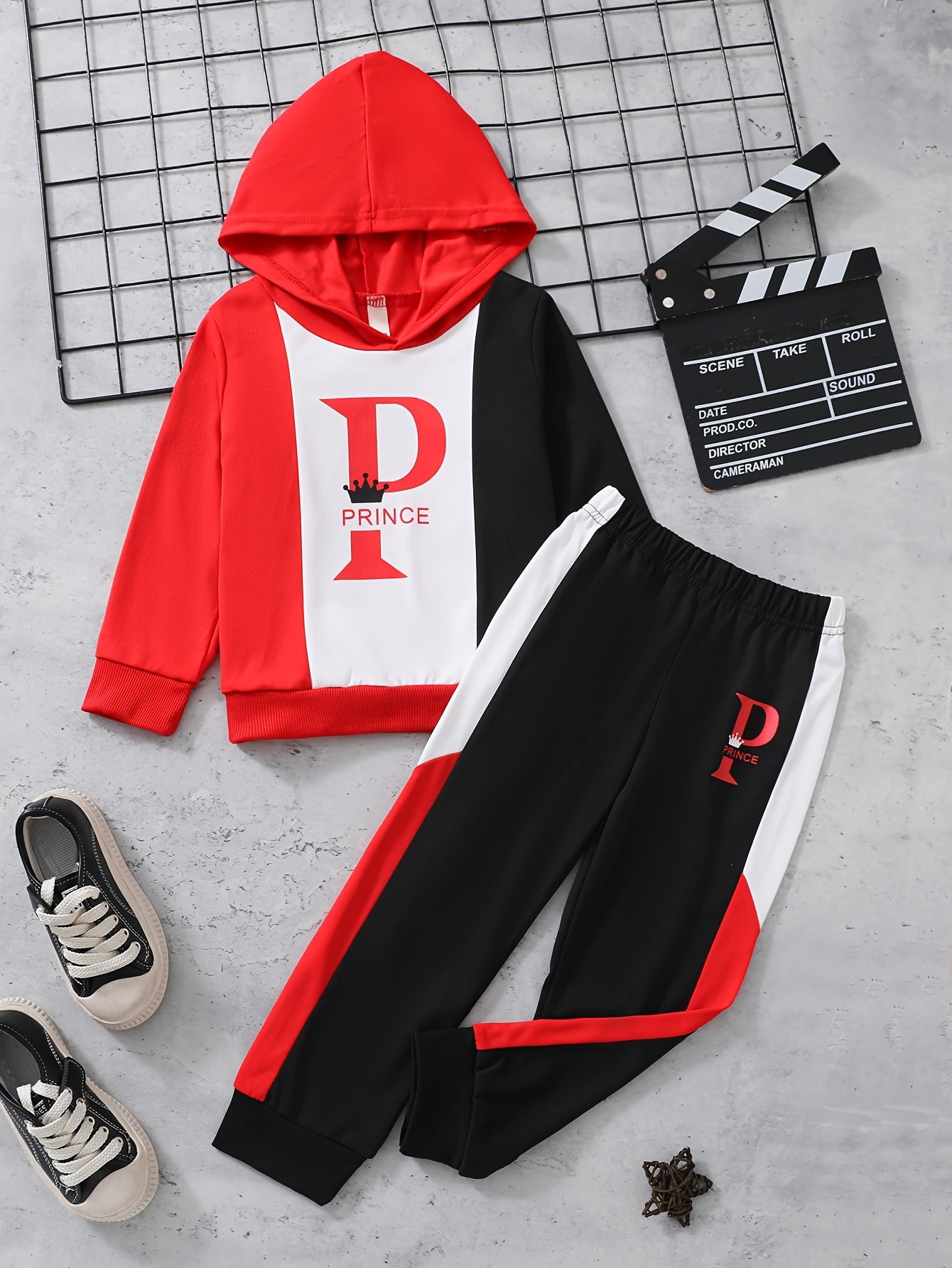 2pcs Boy's "Prince" Print Outfit, Color Clash Hoodie & Pants Set, Trendy Hooded Long Sleeve Top, Kid's Clothes