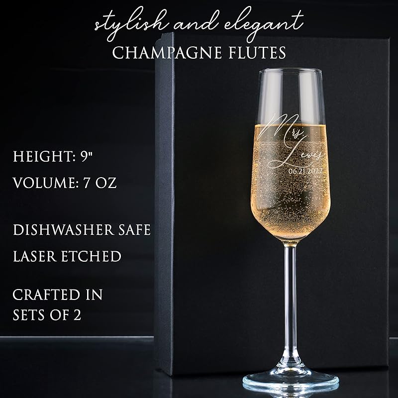 Personalized Wedding Champagne Flutes for Bride and Groom - Set of 2, 7 oz, 2 Designs - Champagne Glasses for Engagement with Your Names and Date - D1