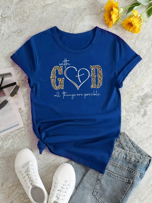 With God Print Summer Short Sleeve Crew Neck Casual Top